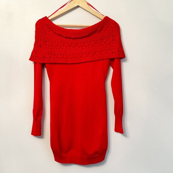 Arden B Women’s Medium 90s Y2K Red Off-Shoulder Crochet Tunic Sweater Holiday - Picture 10 of 11